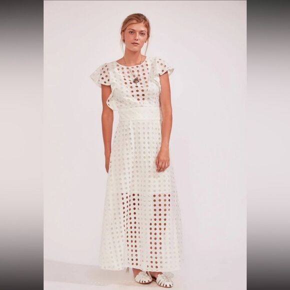 Anthropologie Antik Batik White Eyelet Flutter Sleeve Midi / Maxi Dress - 38 / S - Picture 13 of 14